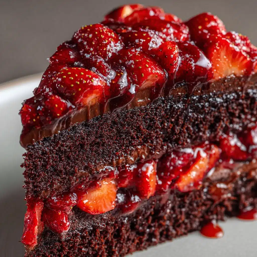 Delicious Chocolate Strawberry Cake topped with fresh strawberries and chocolate ganache.