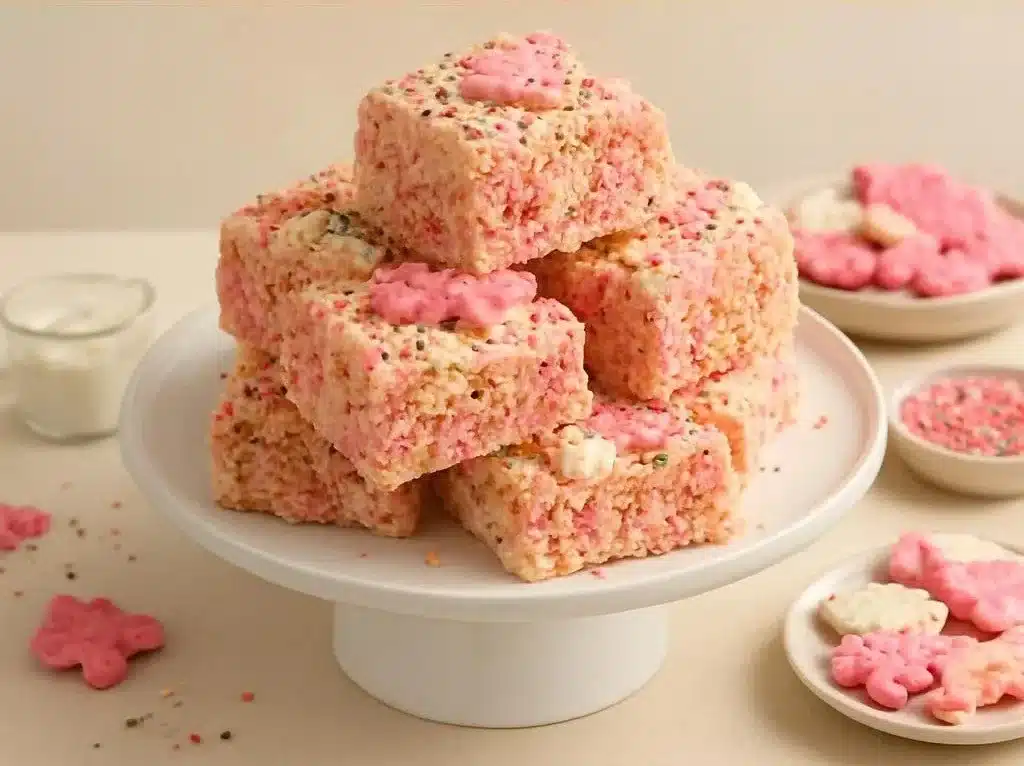Colorful Circus Animal Cookie Rice Krispie Treats topped with sprinkles.