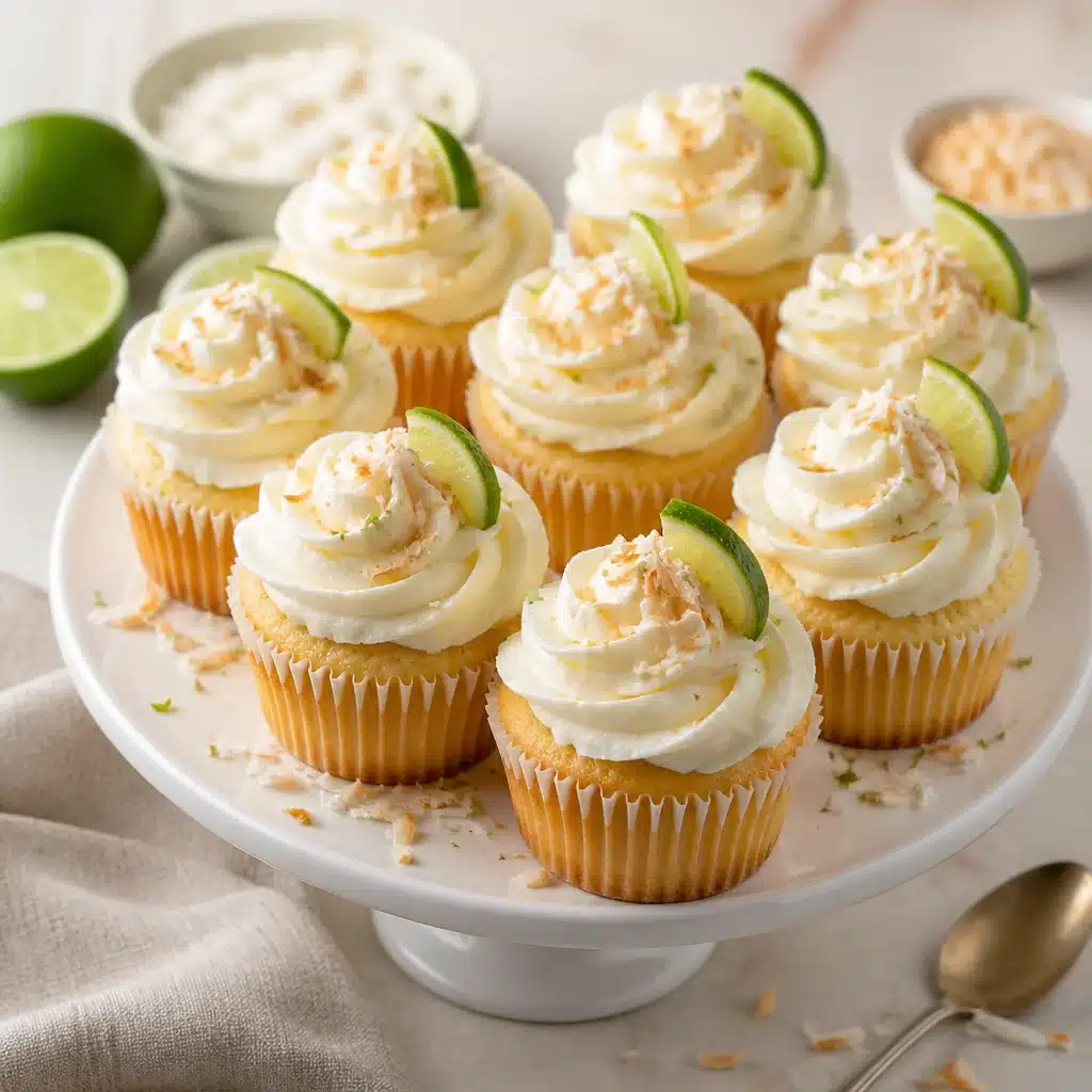Freshly baked Coconut Lime Cupcakes topped with creamy frosting and lime zest.