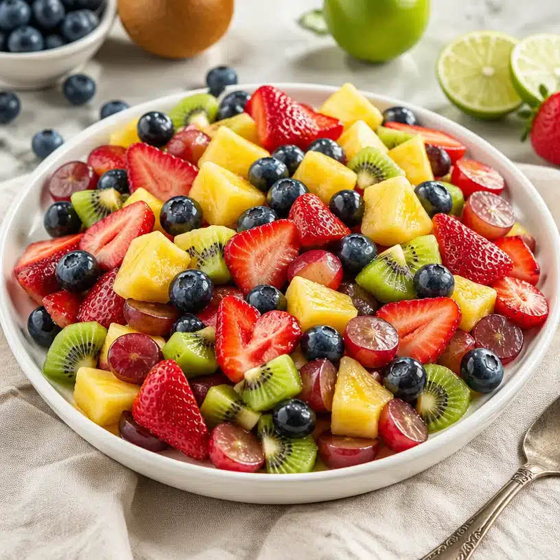 Colorful bowl of fresh fruit salad with various fruits like berries, melon, and kiwi