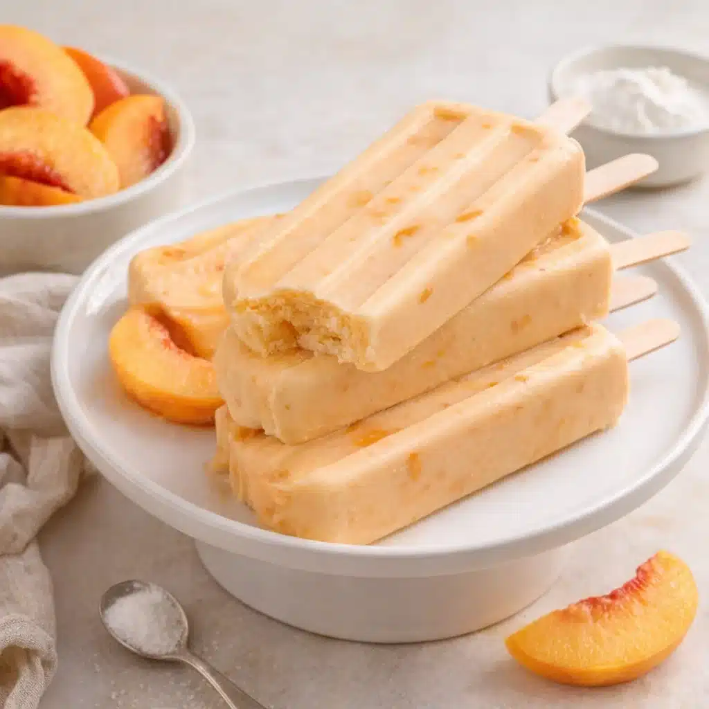 Creamy peach popsicles made with fresh peaches served in sunny ambiance