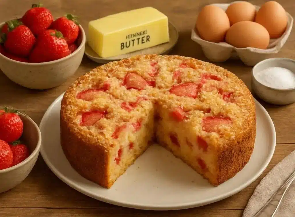 Delicious French strawberry cake topped with fresh berries and whipped cream.