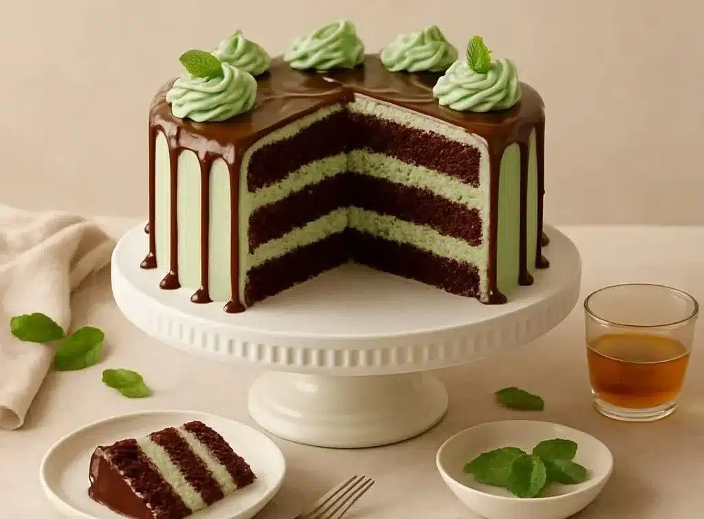 Delicious Mint Julep Cake with mint leaves and bourbon frosting