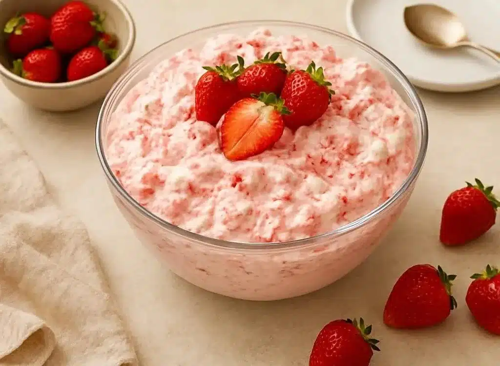 Delightful strawberry fluff salad topped with fresh strawberries and whipped cream.