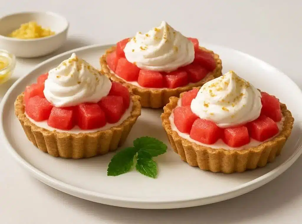 Frozen watermelon lemon cream tarts served on a plate with mint garnish.
