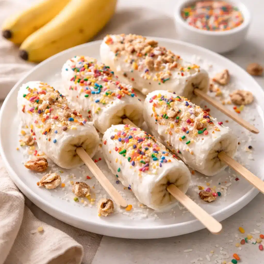 Delicious frozen yogurt banana pops ready to enjoy on a sunny day