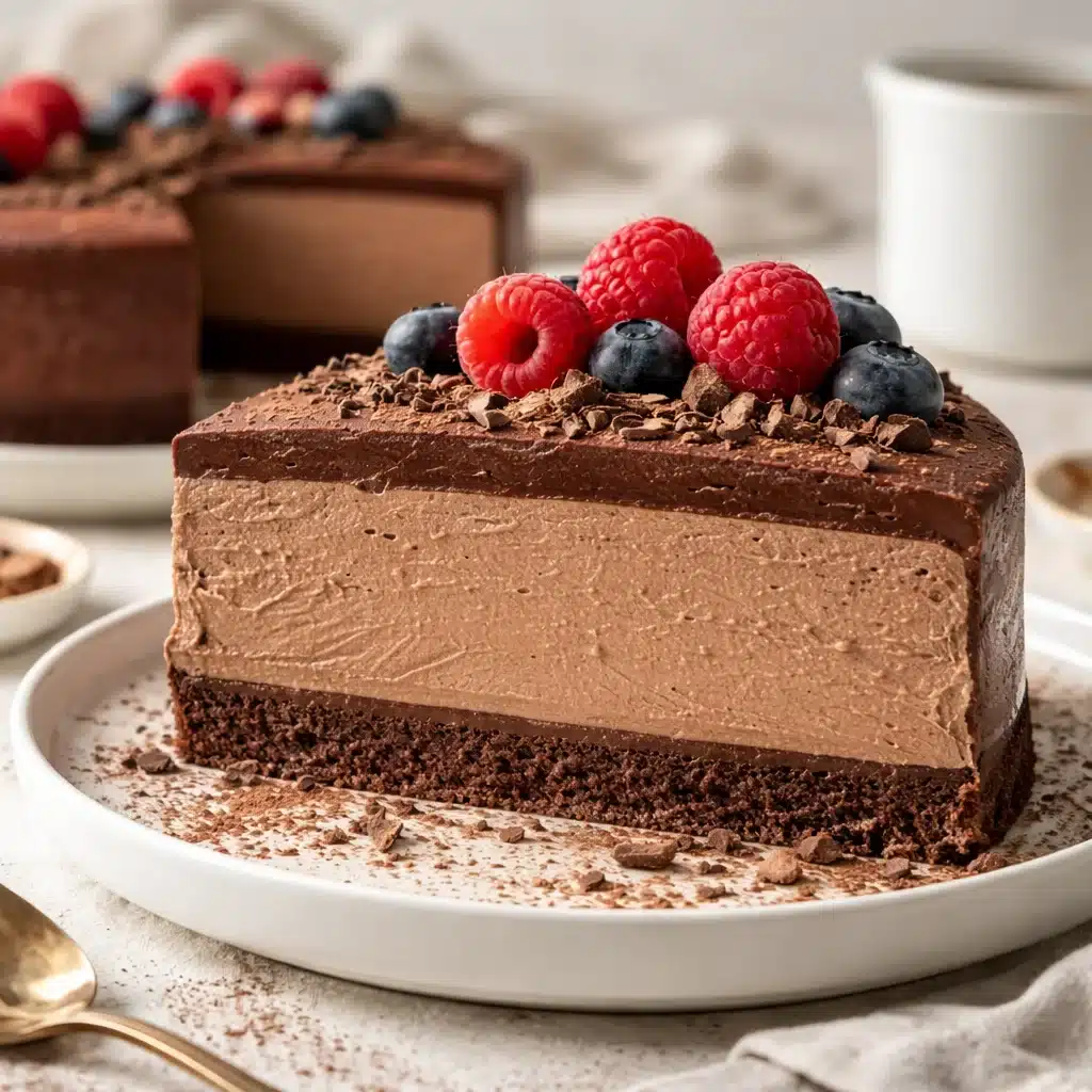 Delicious gluten-free chocolate mousse cake topped with chocolate shavings.