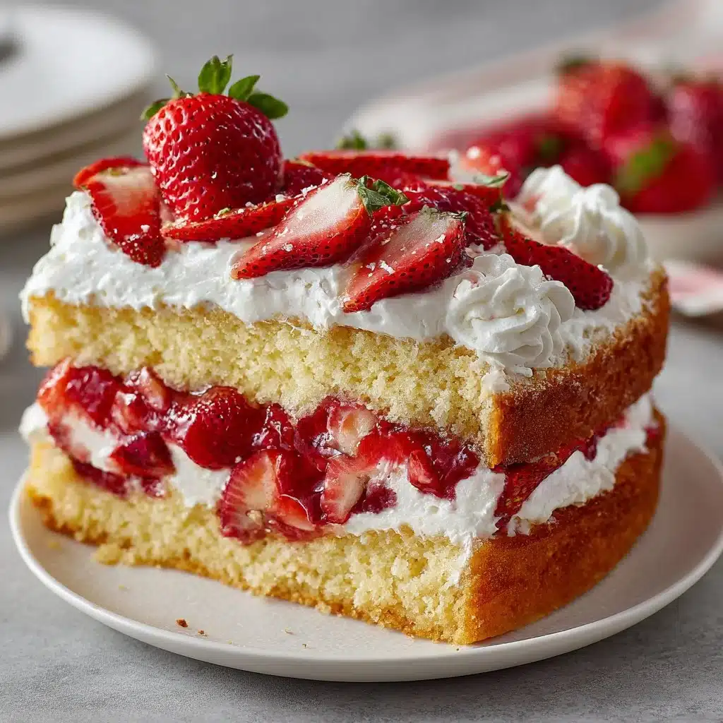 Gluten-free strawberry shortcake cake topped with fresh strawberries and whipped cream