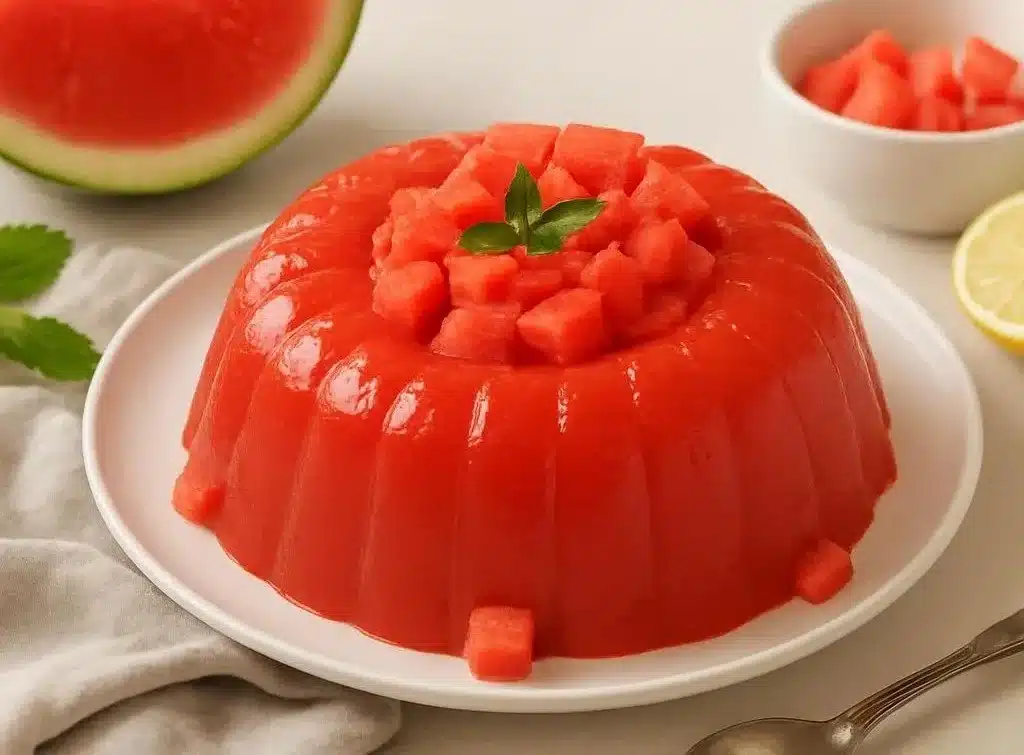 A bowl of homemade Sicilian Watermelon Pudding garnished with mint leaves