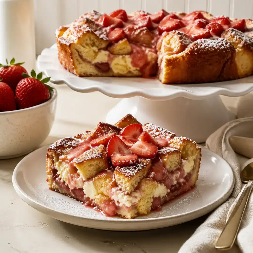 Homemade strawberry cheesecake French toast bake topped with fresh strawberries