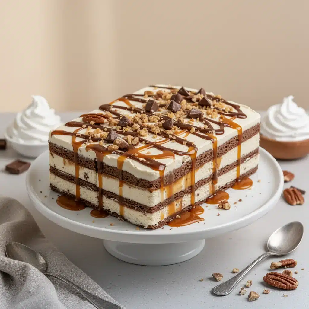 Delicious Ice Cream Sandwich Cake topped with chocolate and sprinkles
