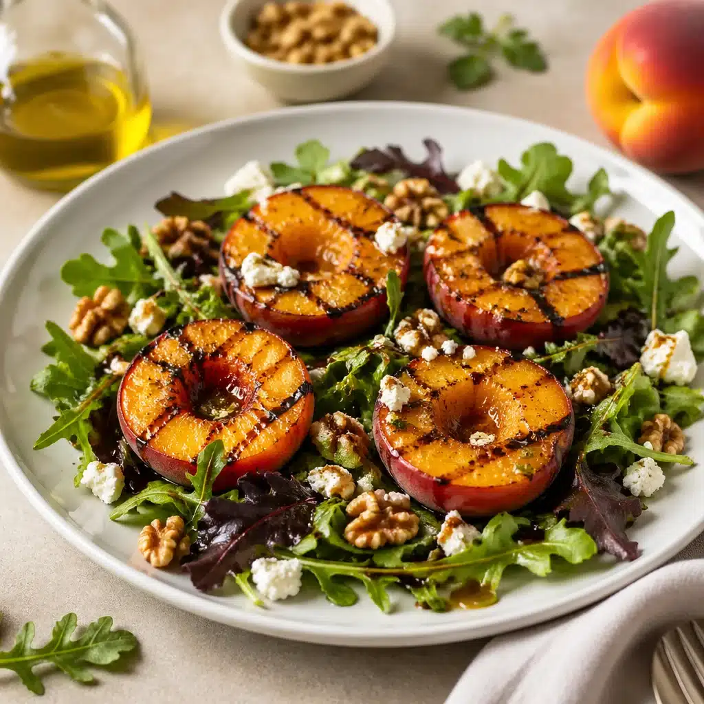 Delicious grilled peach salad with fresh greens and nuts