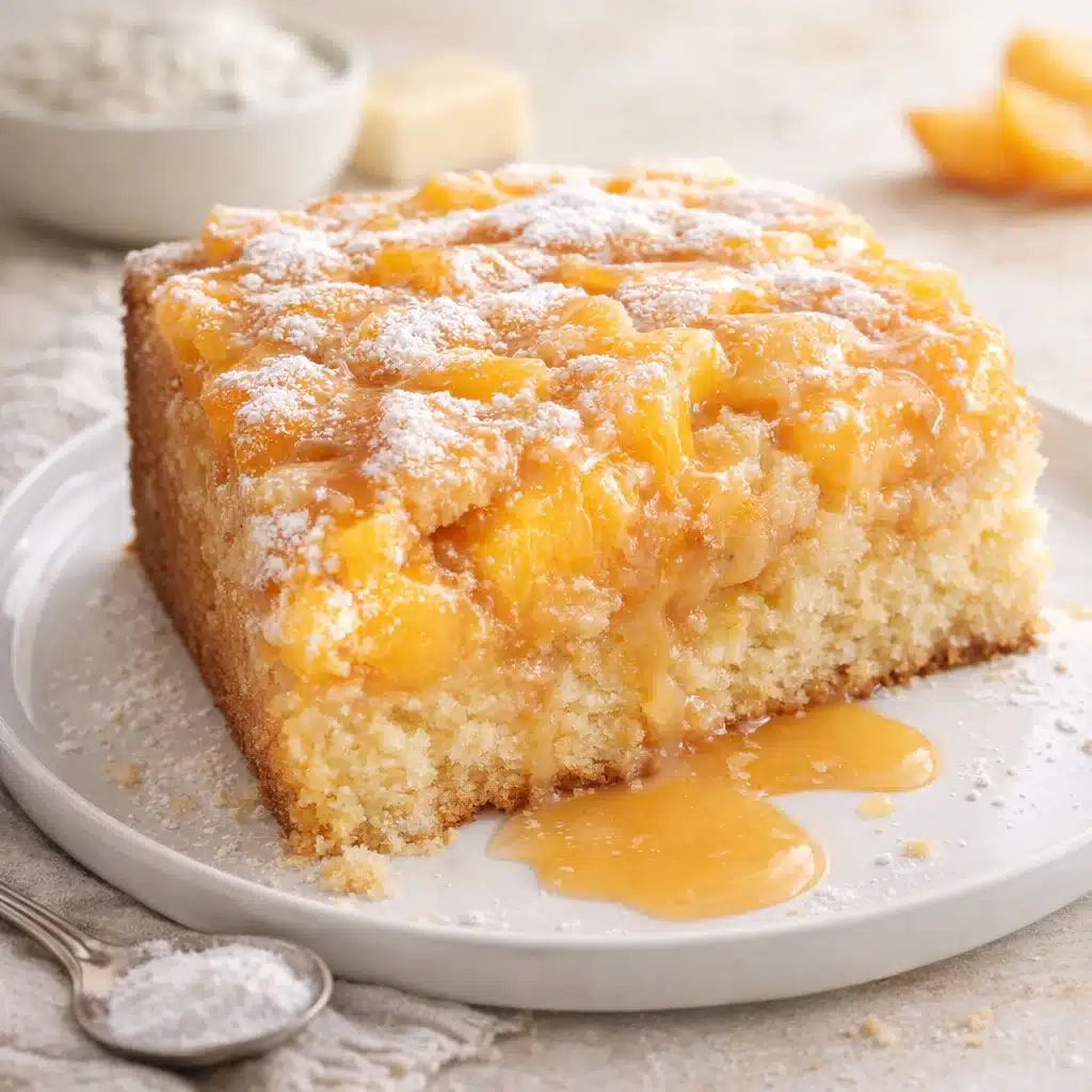 Delicious summer peach cake topped with fresh peaches and whipped cream