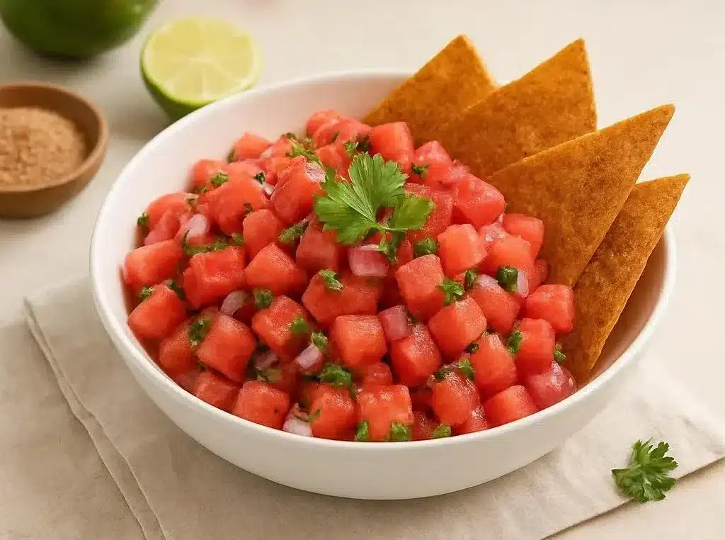 Delicious watermelon salsa served with cinnamon tortilla chips for a flavorful snack.