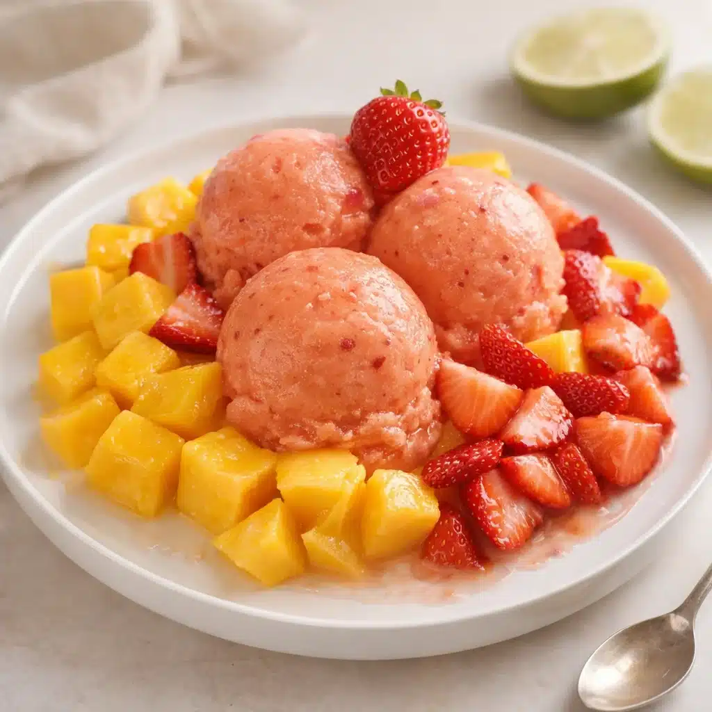 Home Page 10 Delicious Mango Strawberry Sorbet served in a bowl with fresh fruit garnish