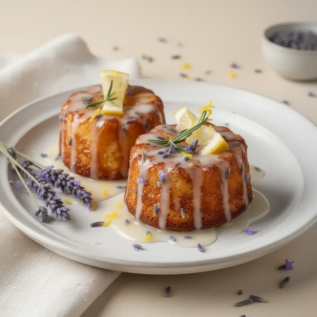 Mini lemon cakes with lavender glaze on a decorative plate