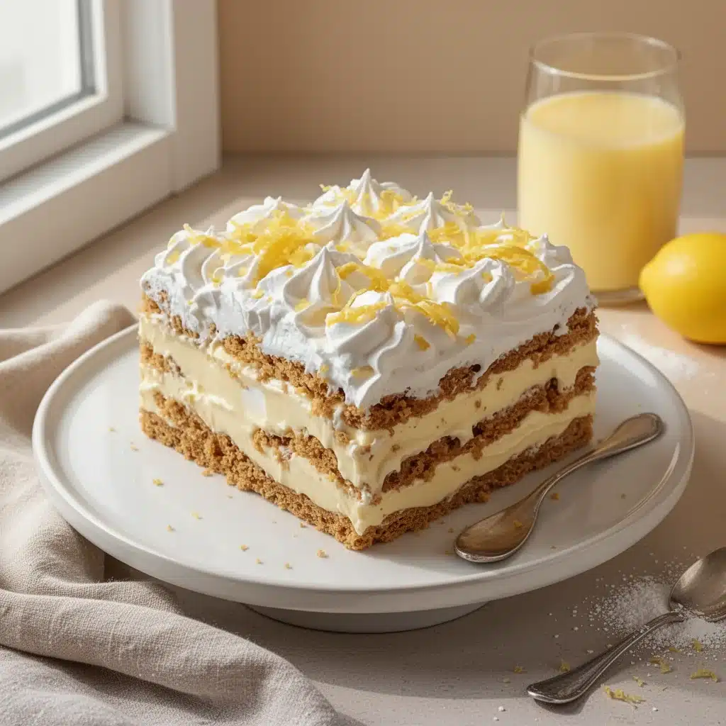 No-bake lemon eclair cake with layers of creamy lemon filling and pastries