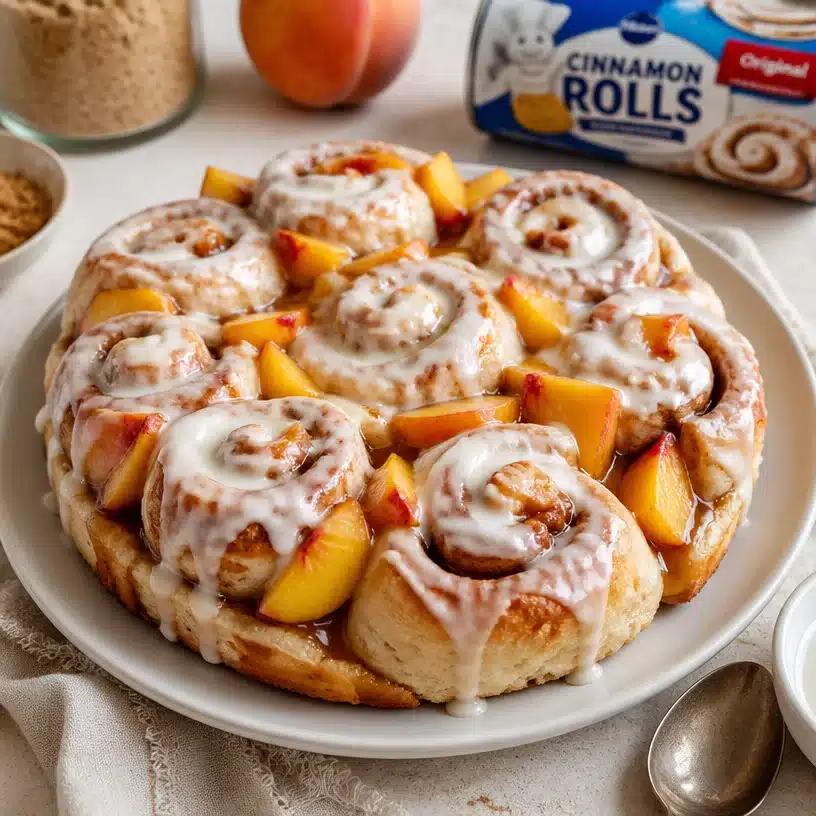 Delicious Peach Cobbler Cinnamon Rolls with fresh peaches and cinnamon glaze.
