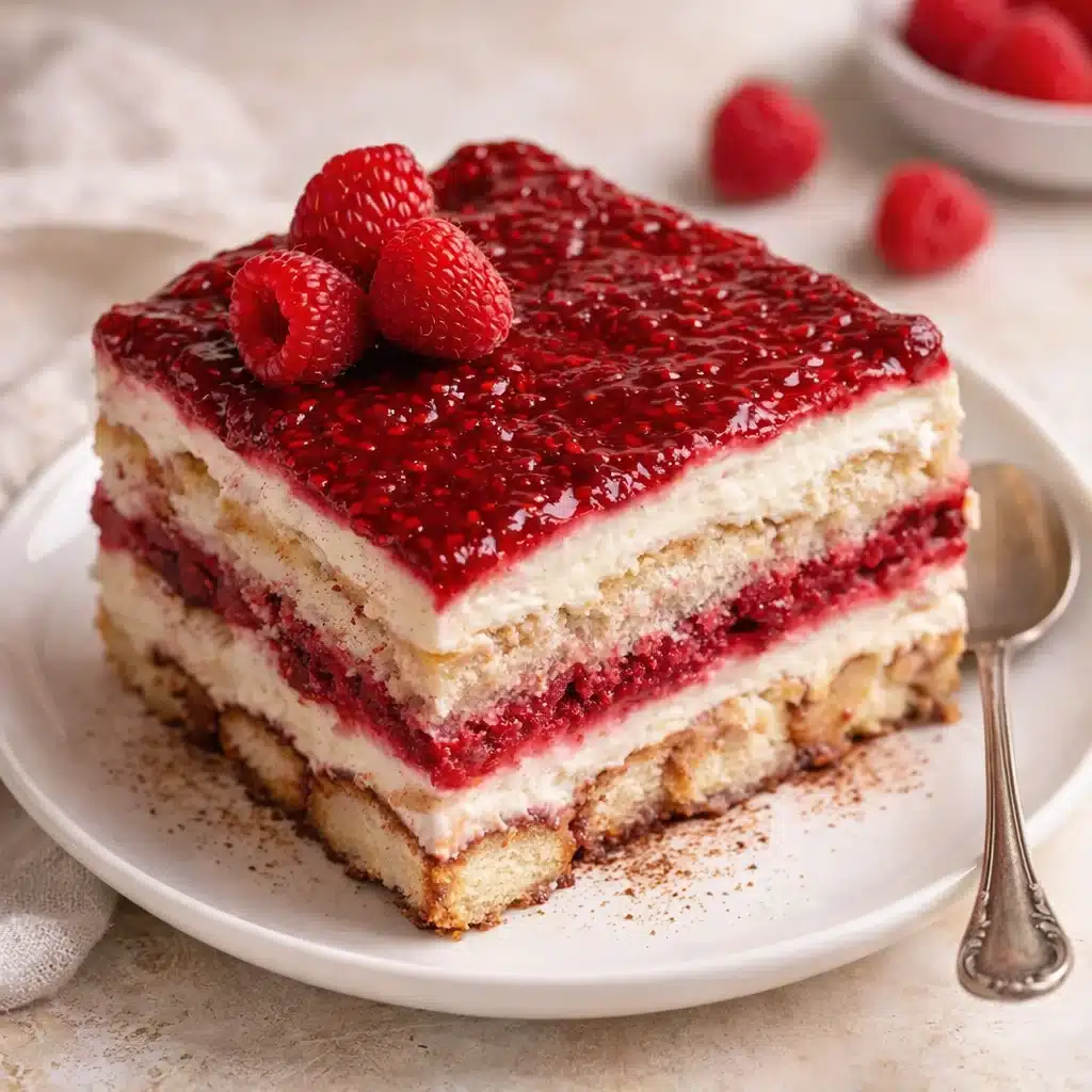 Home Page 1 Delicious Raspberry Tiramisu dessert with layers of raspberries and cream.