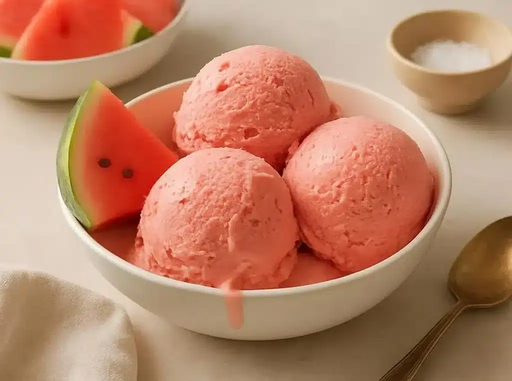 Bowl of refreshing watermelon ice cream served with fresh watermelon slices