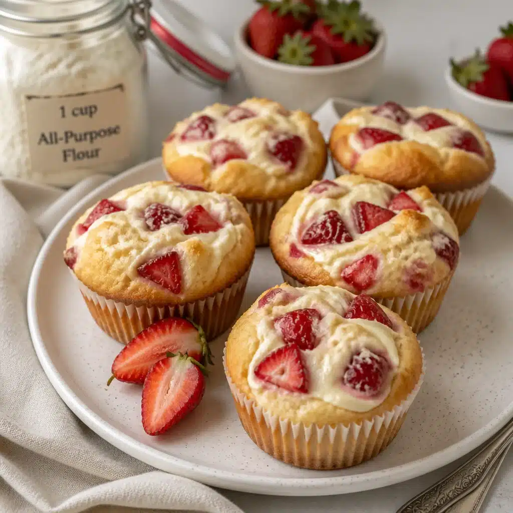 Freshly baked strawberry cheesecake muffins on a wooden table.