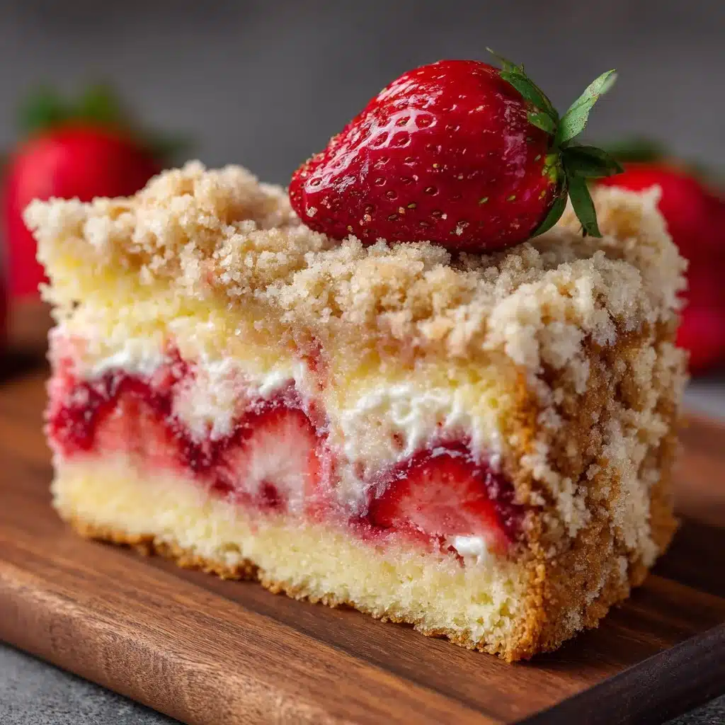 Delicious Strawberry Crunch Cake topped with crunchy strawberry crumbs