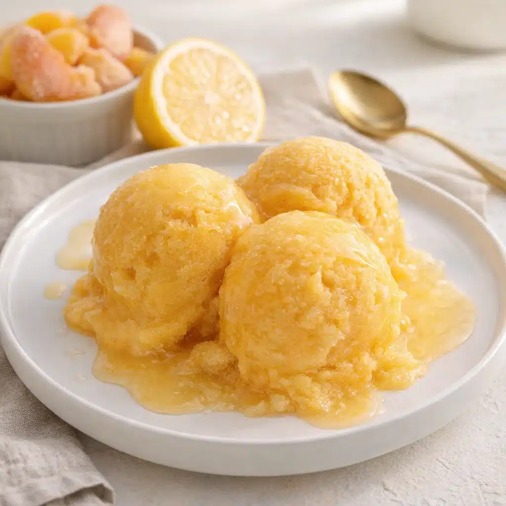 Three ingredient peach sorbet served in a bowl with fresh peaches