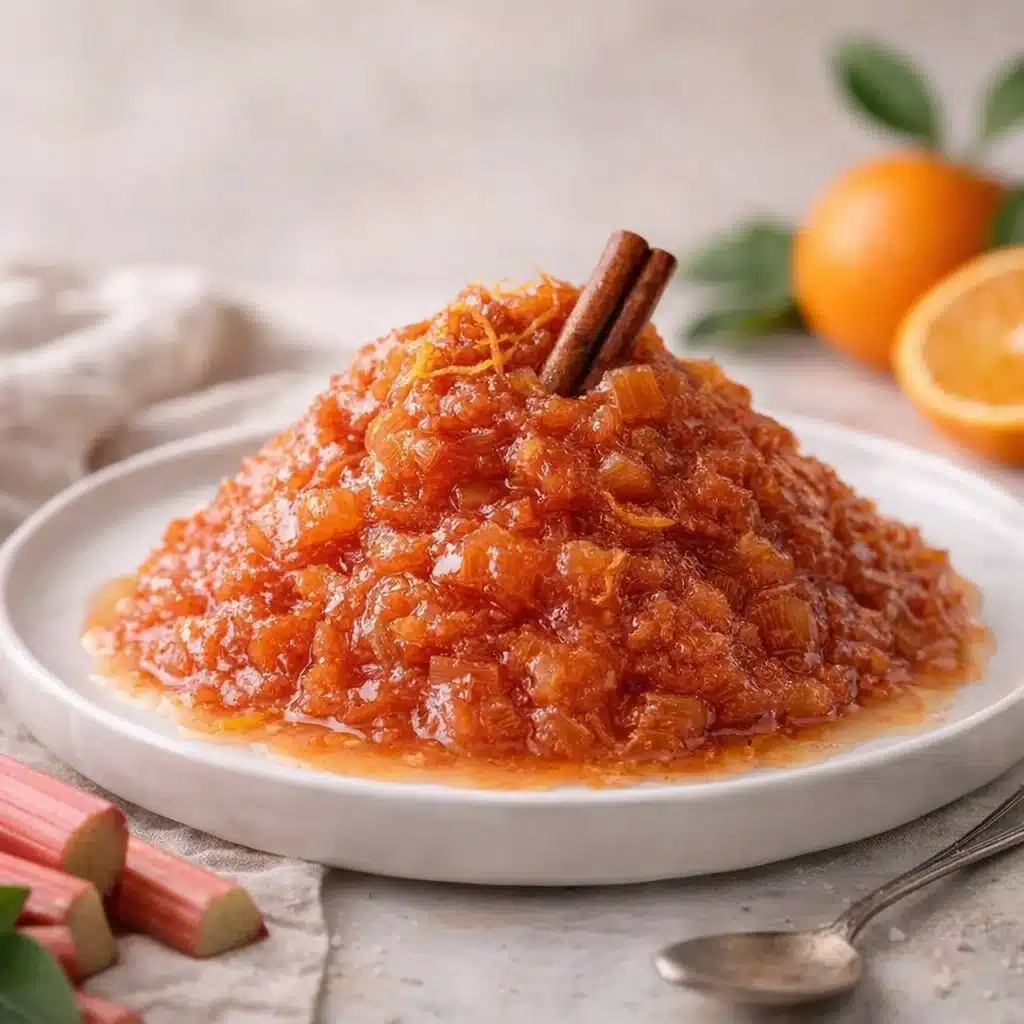 Traditional rhubarb jam with orange juice in a glass jar and spoon