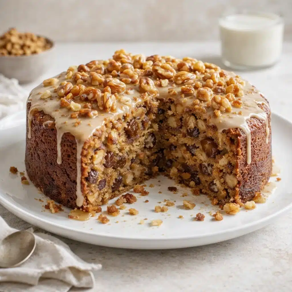 Sliced Walnut and Date Cake on a plate, showcasing its rich texture and ingredients.