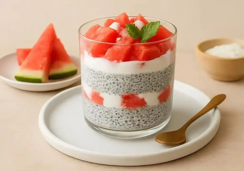 A colorful watermelon chia parfait topped with fresh fruits and seeds.