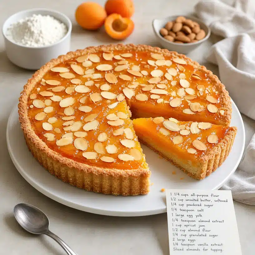 Delicious apricot almond tart with a golden crust and fresh apricots
