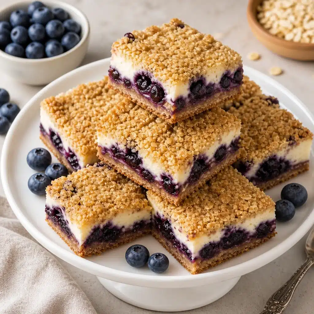 Delicious Blueberry Cream Cheese Bars topped with fresh blueberries.