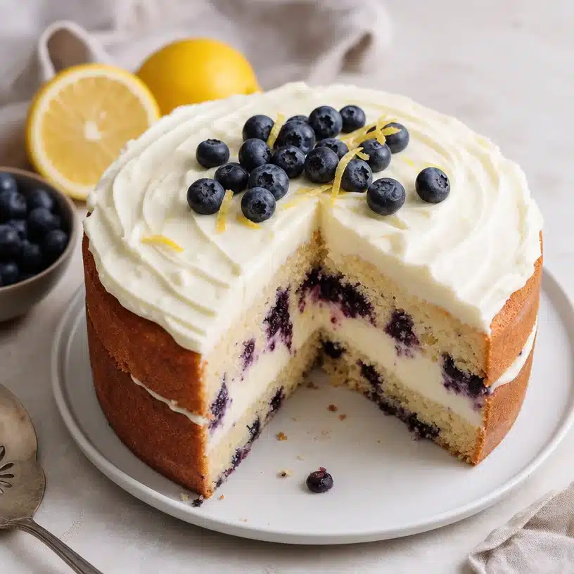 Blueberry Lemon Cake with Cream Cheese Frosting 3 Blueberry lemon cake topped with cream cheese frosting on a decorative plate