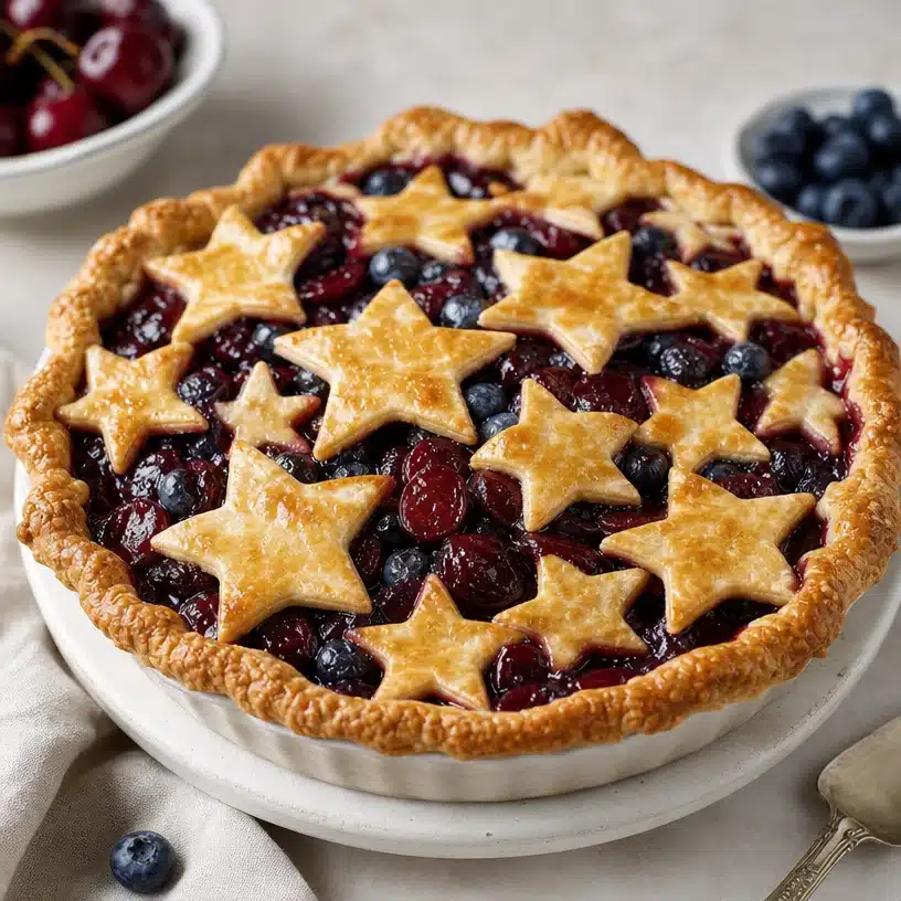 Cherry Blueberry Star Pie with a flaky star-shaped crust and vibrant berry filling.