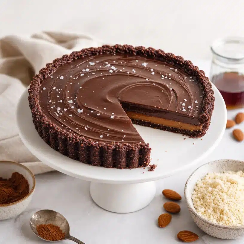 Delicious Chocolate Caramel Tart with layers of chocolate and caramel
