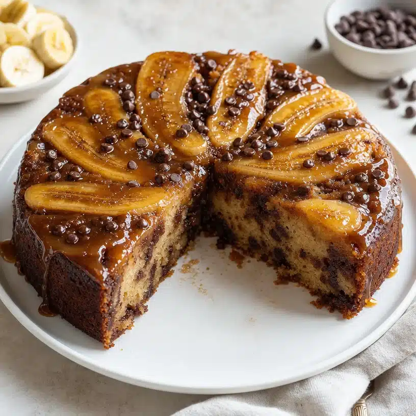 Chocolate Chip Banana Upside Down Cake topped with caramel sauce