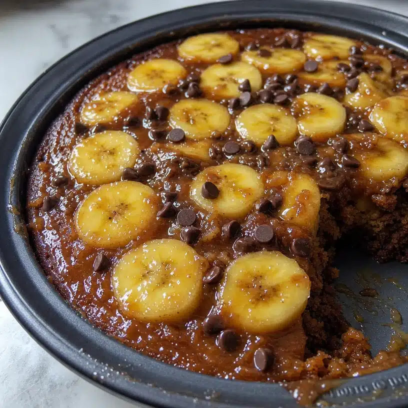 Chocolate Chip Banana Upside Down Cake with Caramel