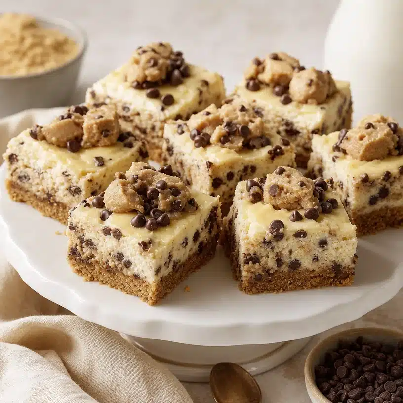 Chocolate Chip Cookie Dough Cheesecake Bars with cookie dough topping
