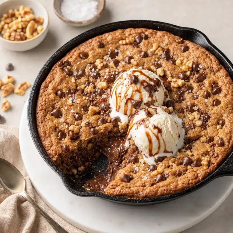 Warm chocolate chip skillet cookie fresh out of the oven