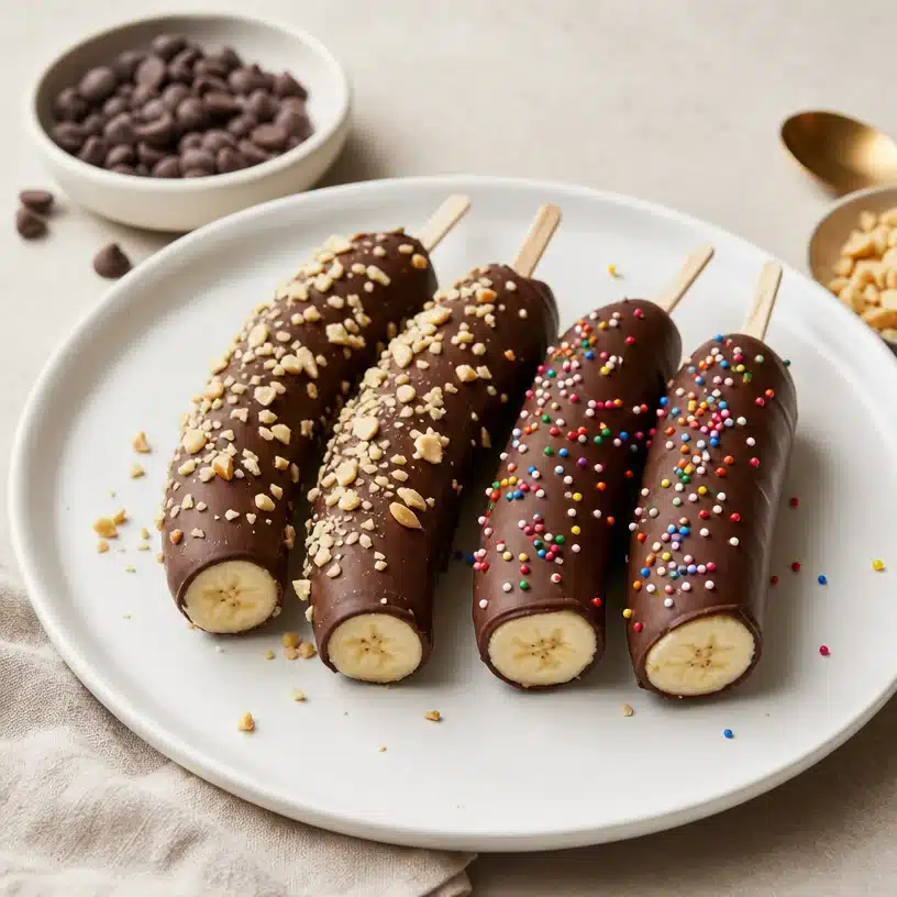 Delicious chocolate-covered bananas on a plate