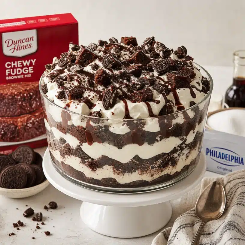 Chocolate Oreo Cheesecake Brownie Trifle with layers of chocolate and cream