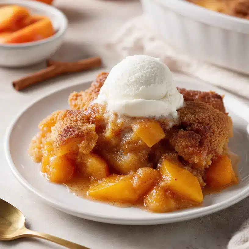 Delicious cinnamon peach cobbler baked with cake mix, topped with inviting golden crust.