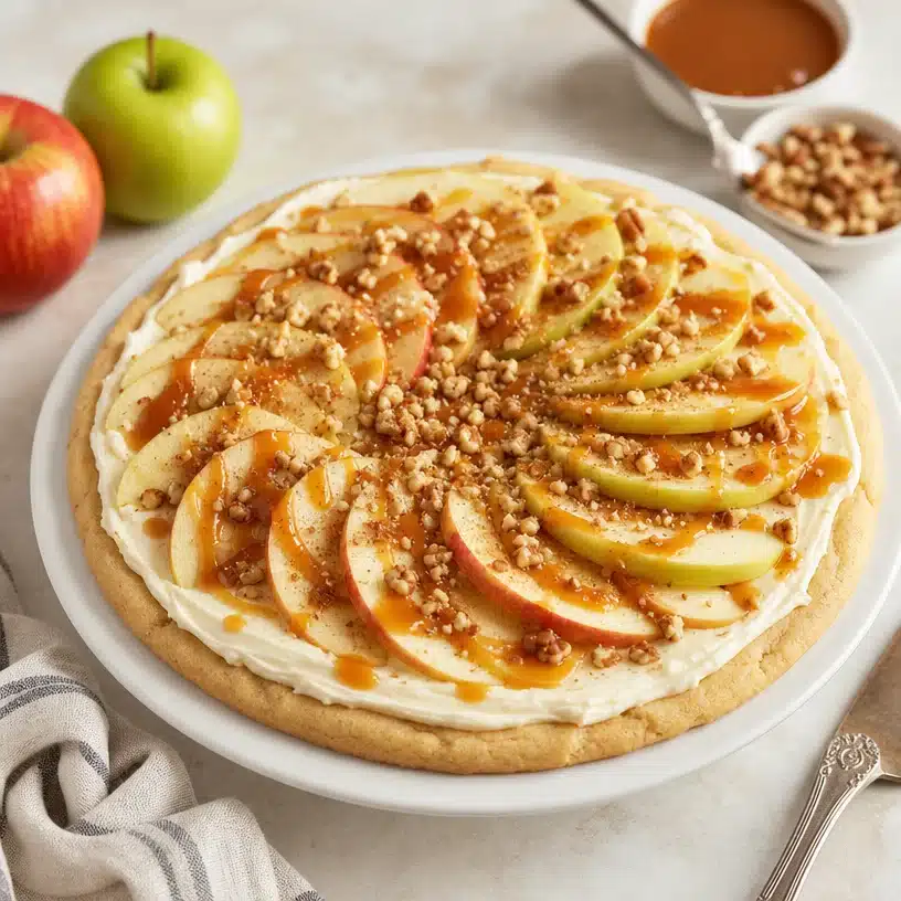 Delicious classic caramel apple pizza topped with sweet apples and caramel drizzle.