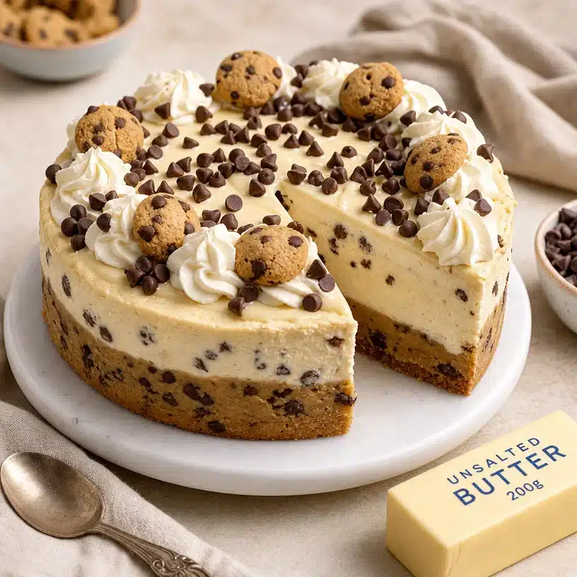 Delicious cookie dough cheesecake topped with cookie pieces and drizzled sauce.