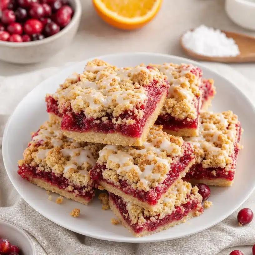 Delicious cranberry crumble bars with a golden topping