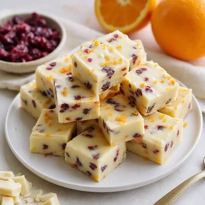 Delicious cranberry orange white chocolate fudge cut into squares