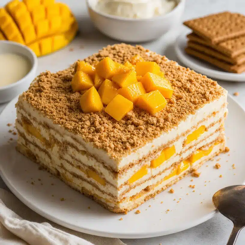 Delicious Mango Float, a no-bake Filipino dessert made with fresh mangoes and cream.