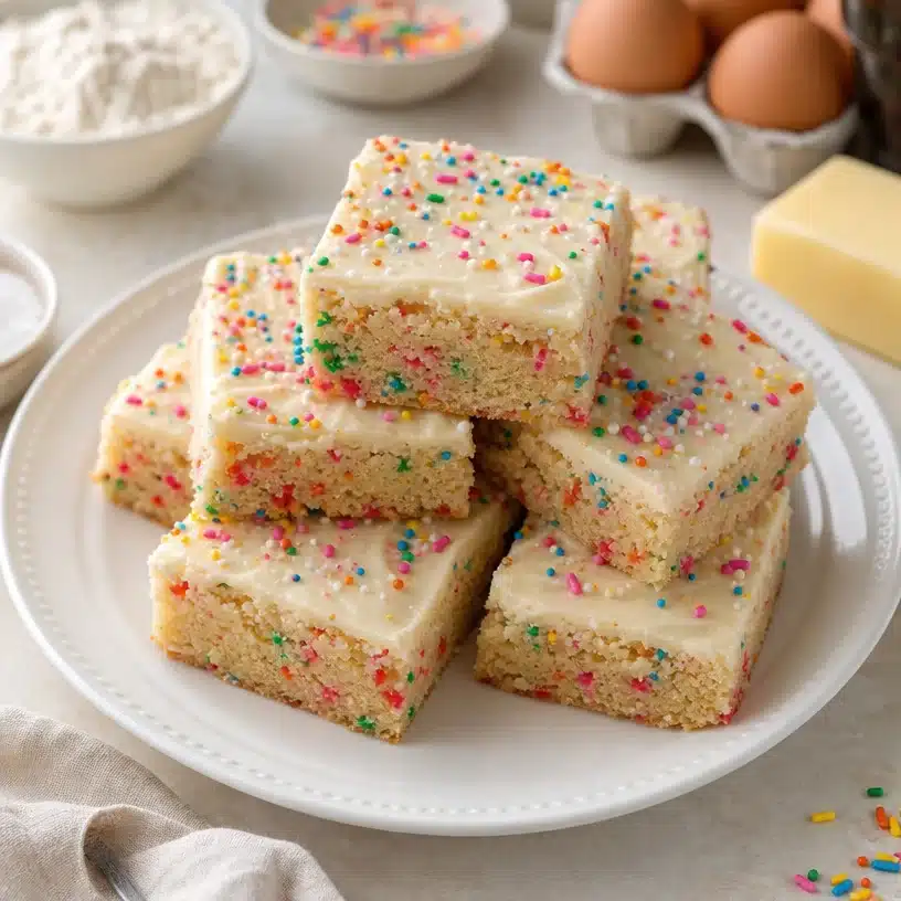 Delicious birthday sugar cookie bars topped with colorful sprinkles.