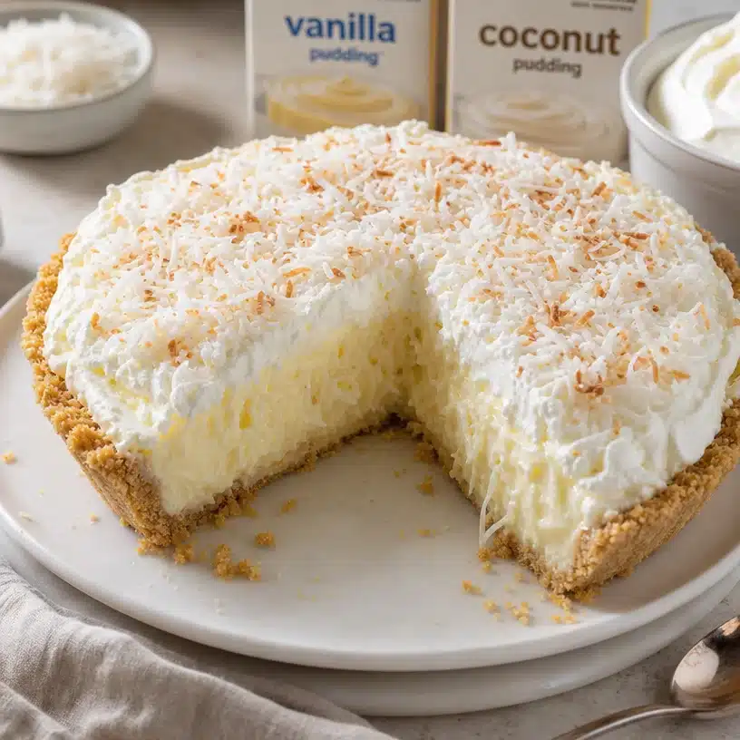 Delicious no bake coconut cream pie topped with whipped cream and toasted coconut.