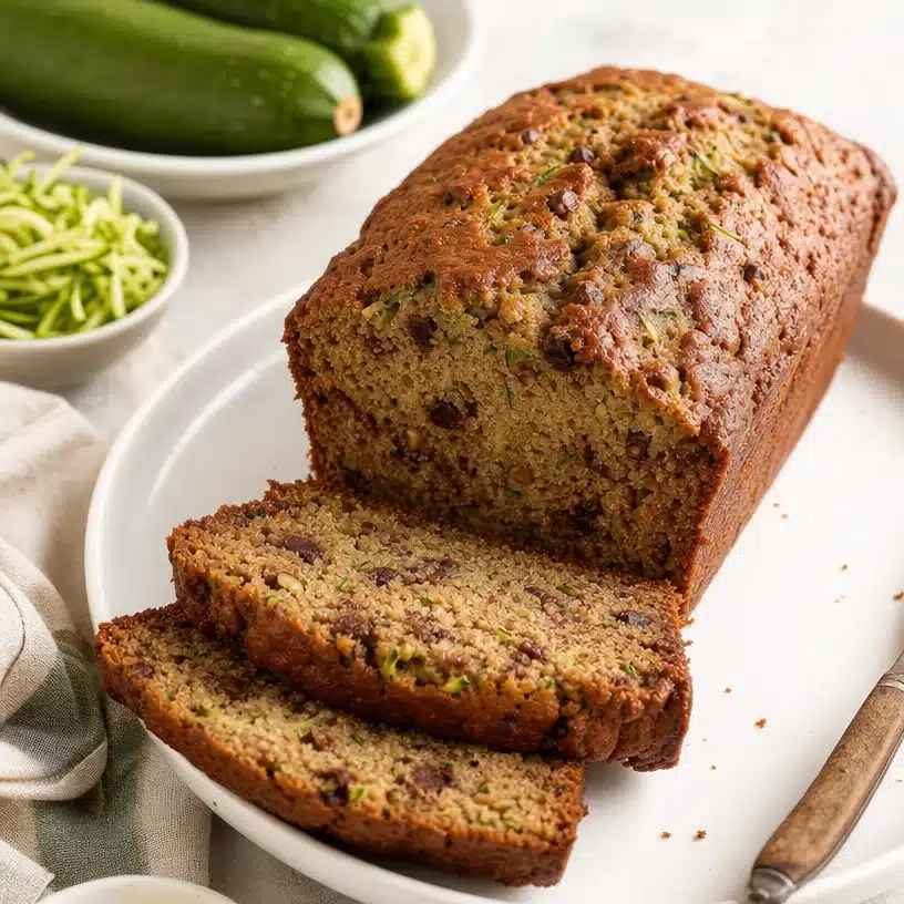A freshly baked loaf of easy zucchini bread on a wooden cutting board